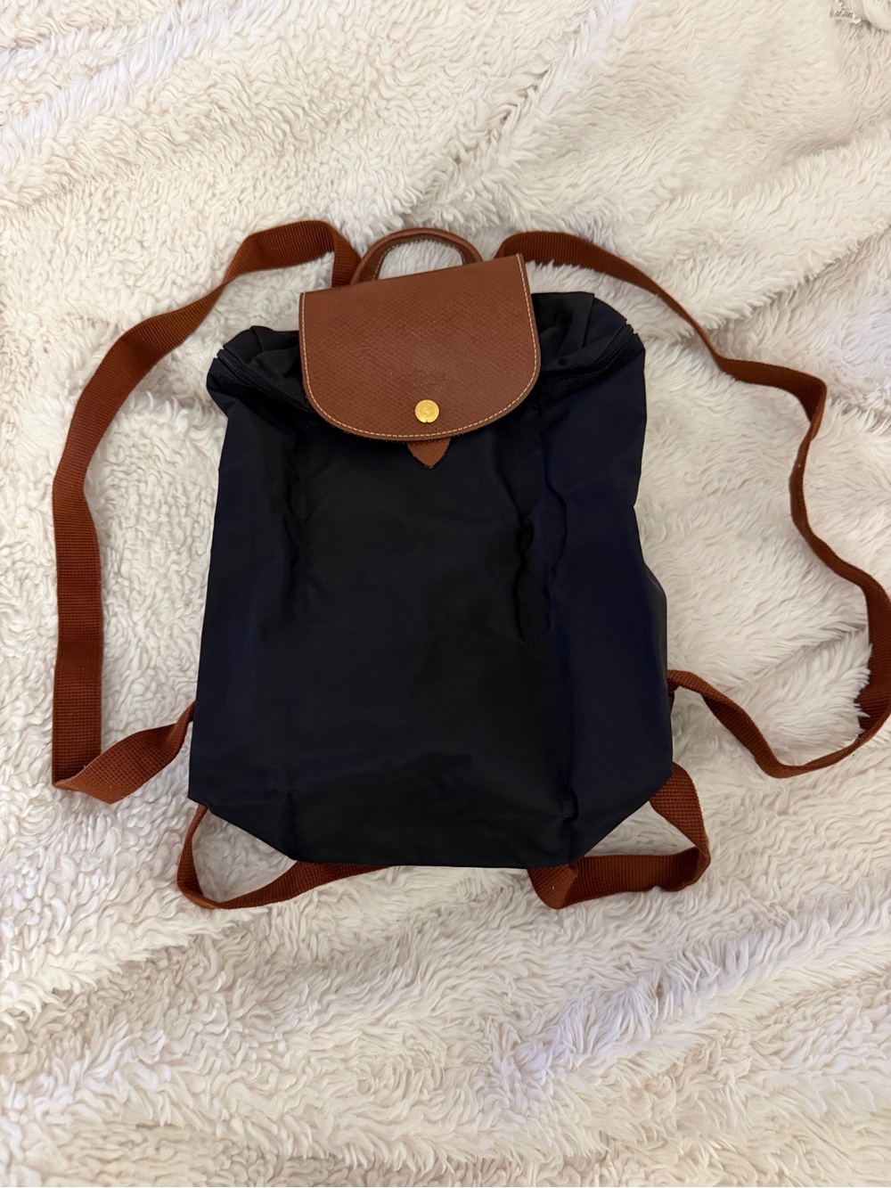 Classic Longchamp Le Pliage Black Nylon Backpack with Brown Leather Trim